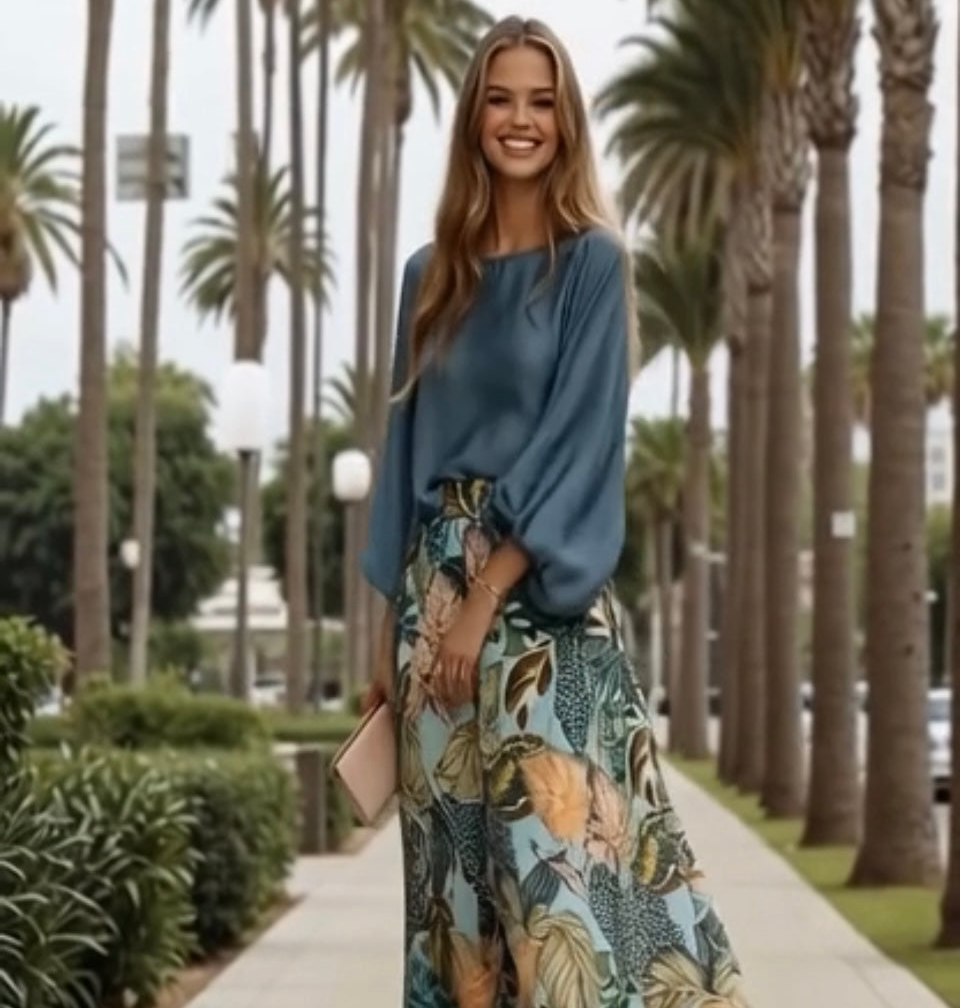 Caribe 2-in-1 set: satin honeycomb cuff shirt and elasticated back trousers, 3 prints, sizes (36-50)