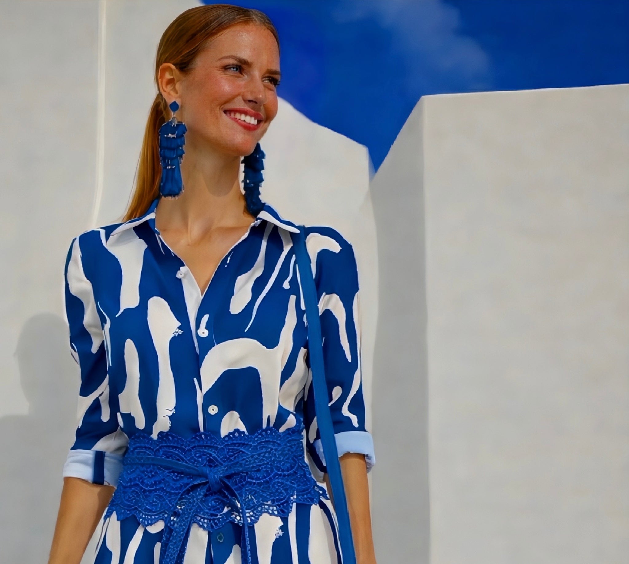 Fatima printed shirt dress, blue sash included, sizes (36-52)