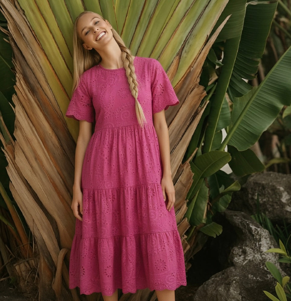 Winsor embroidered cotton dress with lining, 4 colors, sizes (36-46)