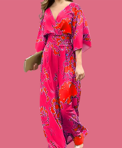 London V-neck printed chiffon jumpsuit, 2 colors, 8 LARGE SIZES from 36 to 50