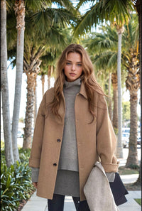 JMPRS Autumn Women Faux Wool Coat Long Sleeve Single Breasted Fashion Turn Down Female Blends Causal Loose Winter Outwear