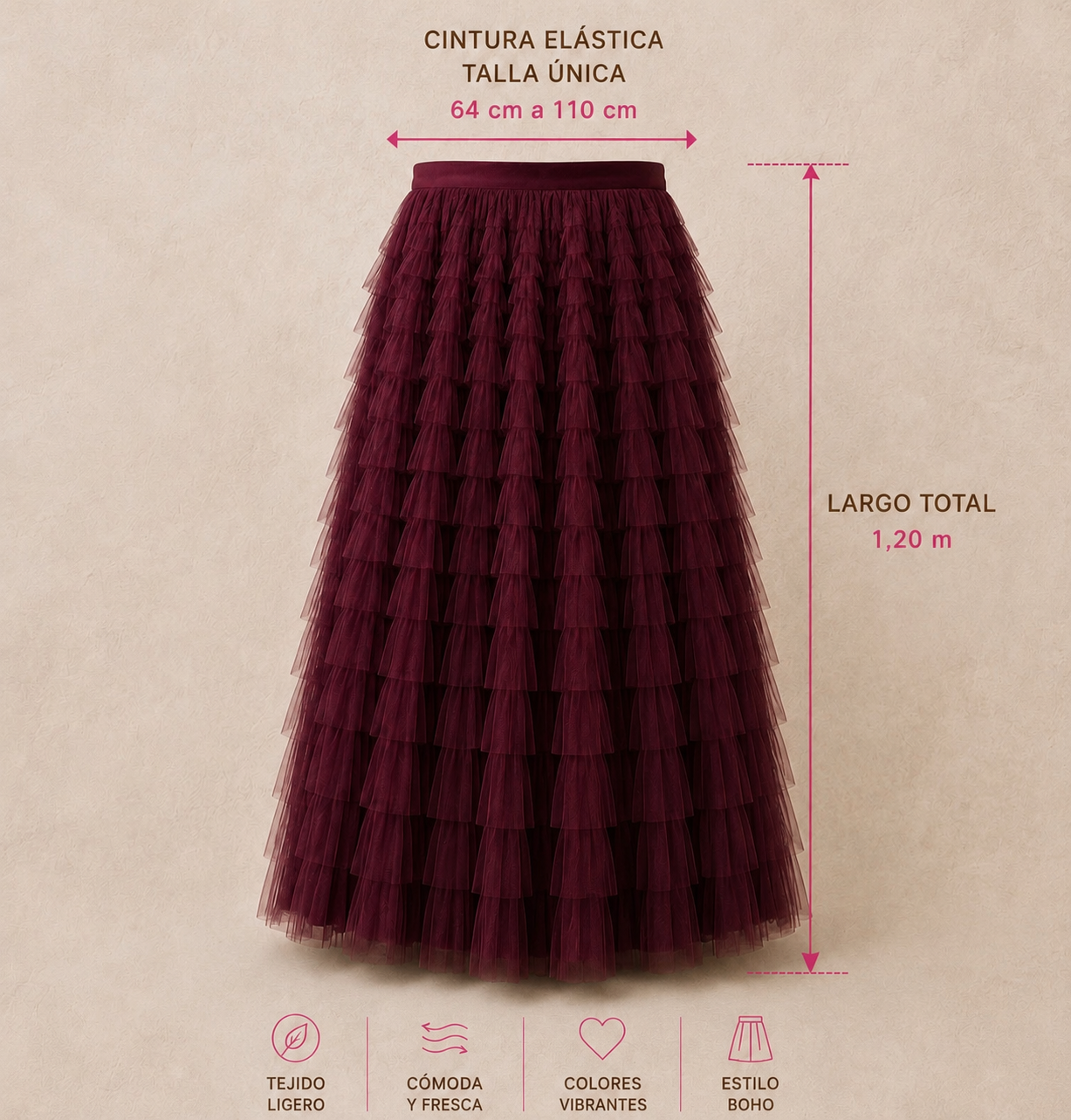 Lisbon 2-piece wine-colored set, printed top and 4 colors of tulle skirt with lining and elastic waistband, one-size skirt (64cm-110cm), top sizes (34-48) video