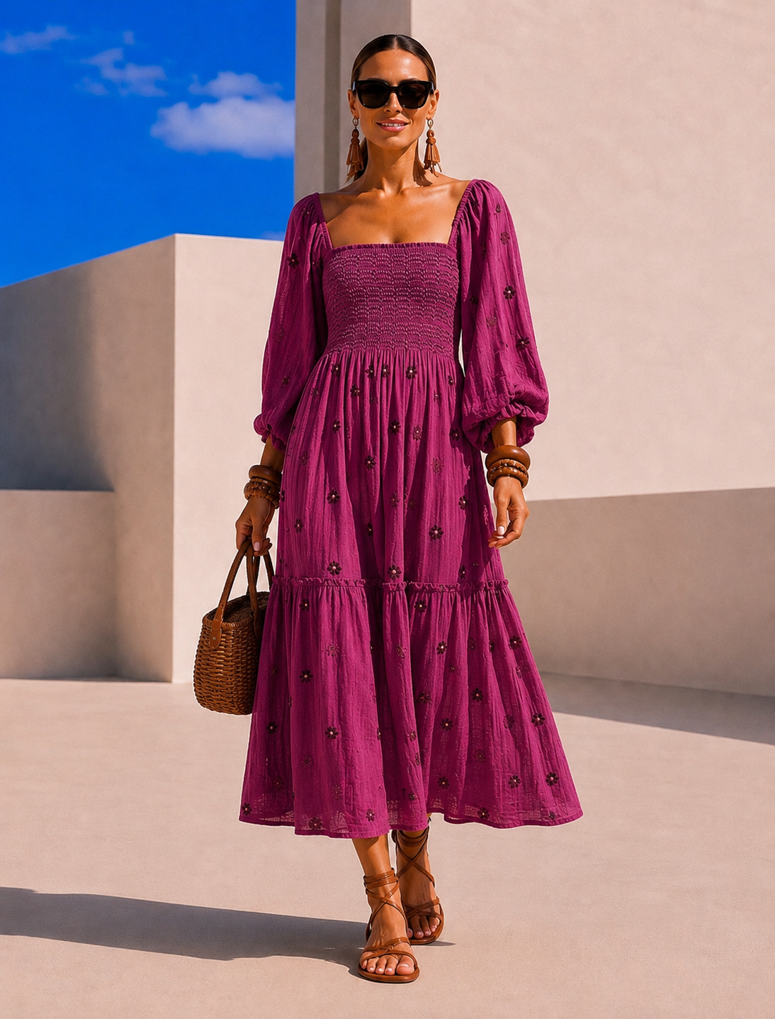 Vestido Susana bordado algodón licra strech nido de abeja, 4 colores, tallas (34-46)