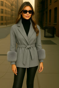 Fiorella 100% wool blazer with faux fur trim and belt, 7 colors, sizes (36-48)