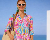 Vestido Roxana flores algodón camisero bolsillos, 3 estampados, tallas (36-50) (video)