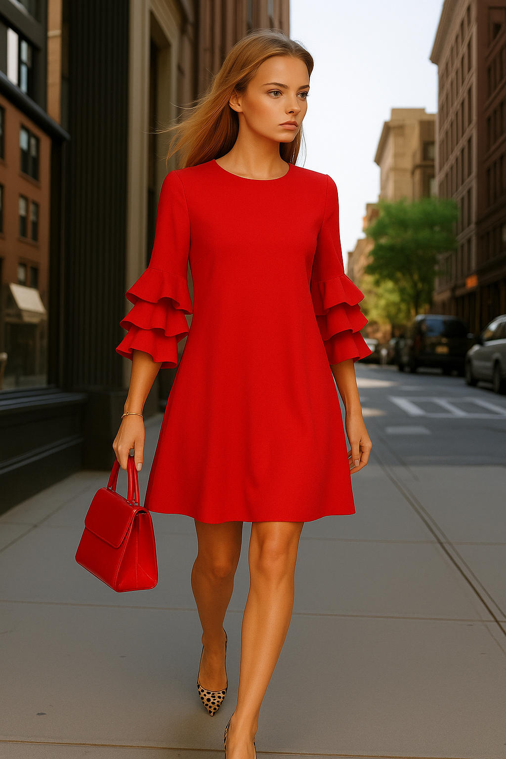 Vestido Sugar de crepe de algodón y mangas volantes, 2 colores, tallas (36-46)