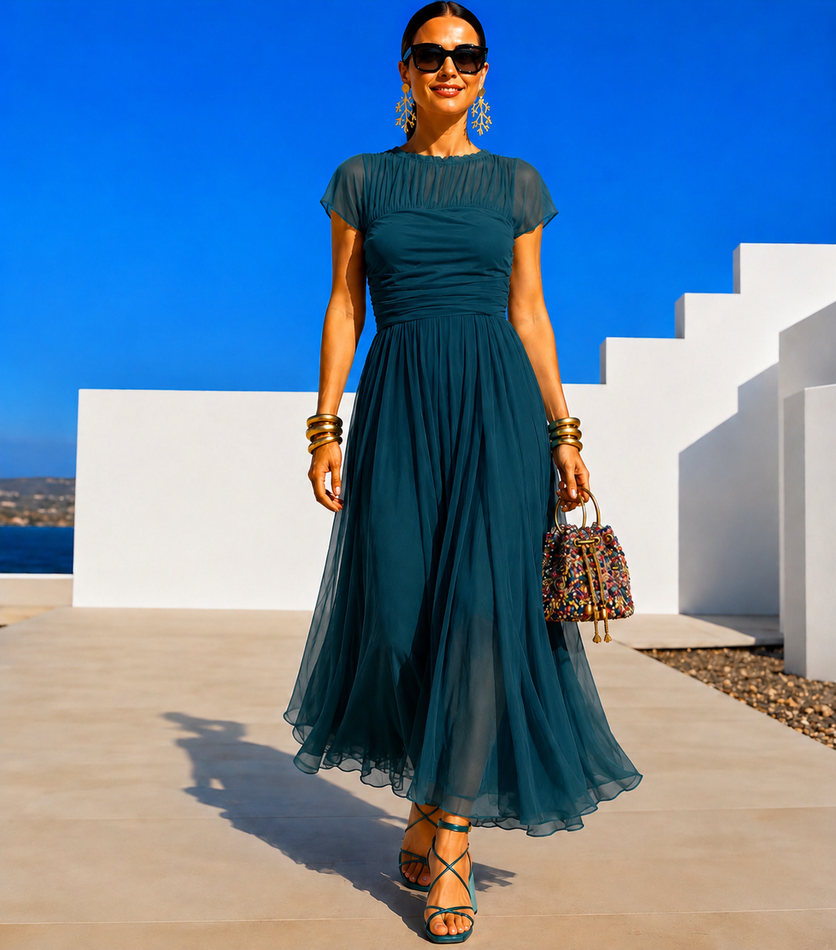 Quevedo stretch knit, chiffon, viscose, and tulle dress, elastane bust and waist, 2 colors, sizes (34-48) video