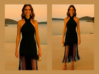 Amalfi dress in cotton linen lycra with fringe, sizes (36-44) (video)