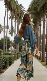 Caribe 2-in-1 set: satin honeycomb cuff shirt and elasticated back trousers, 3 prints, sizes (36-50)