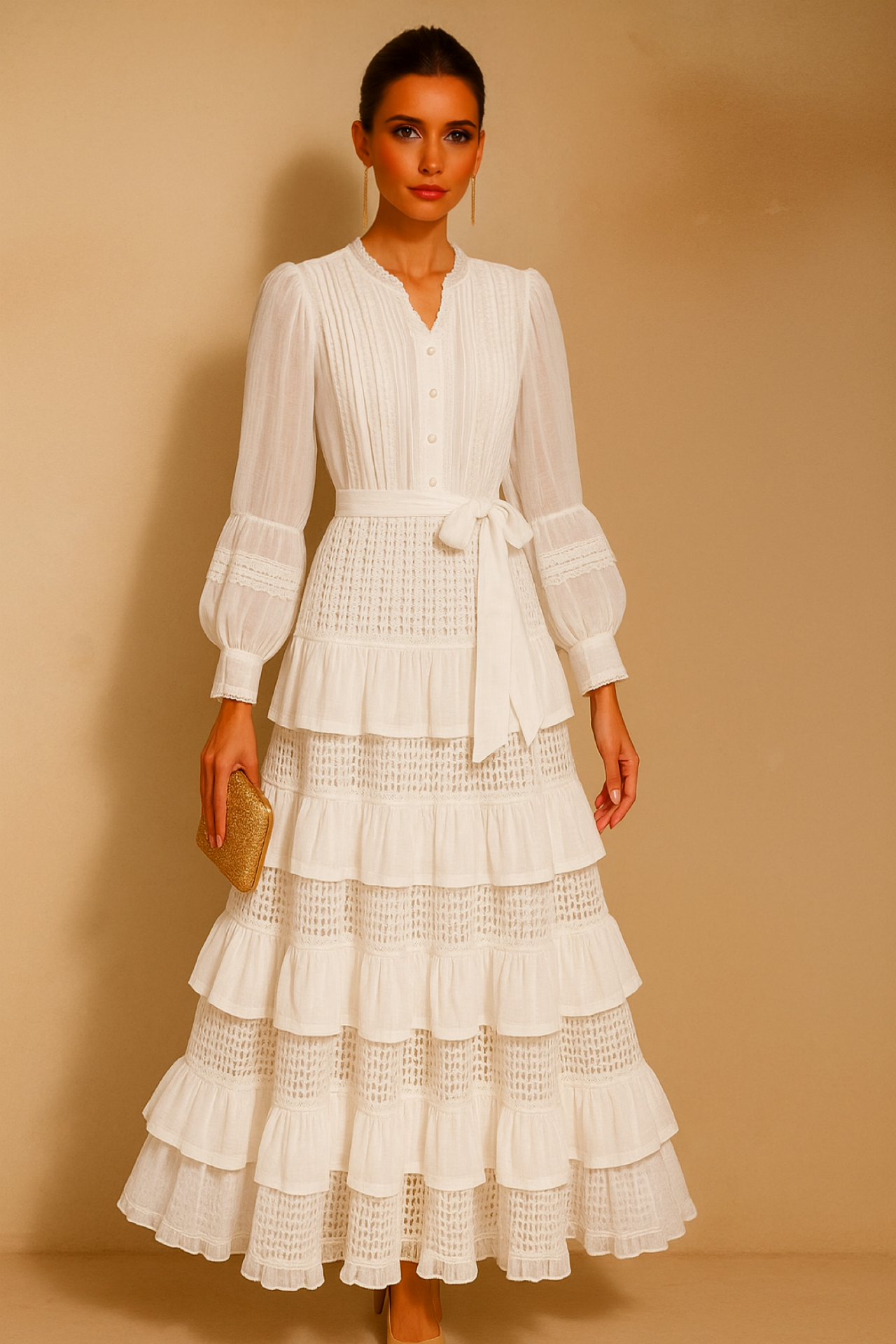 Vestido Karen de gasa de algodón con encaje y volantes, 4 colores, tallas (36-48)