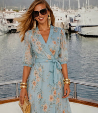 Capri crossover chiffon dress with chiffon sash and lining, sizes (34-50) video