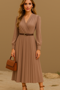 Vestido Sophie, con cinturón incluido de algodón plisado, 2 colores, tallas (36-48) made in Portugal