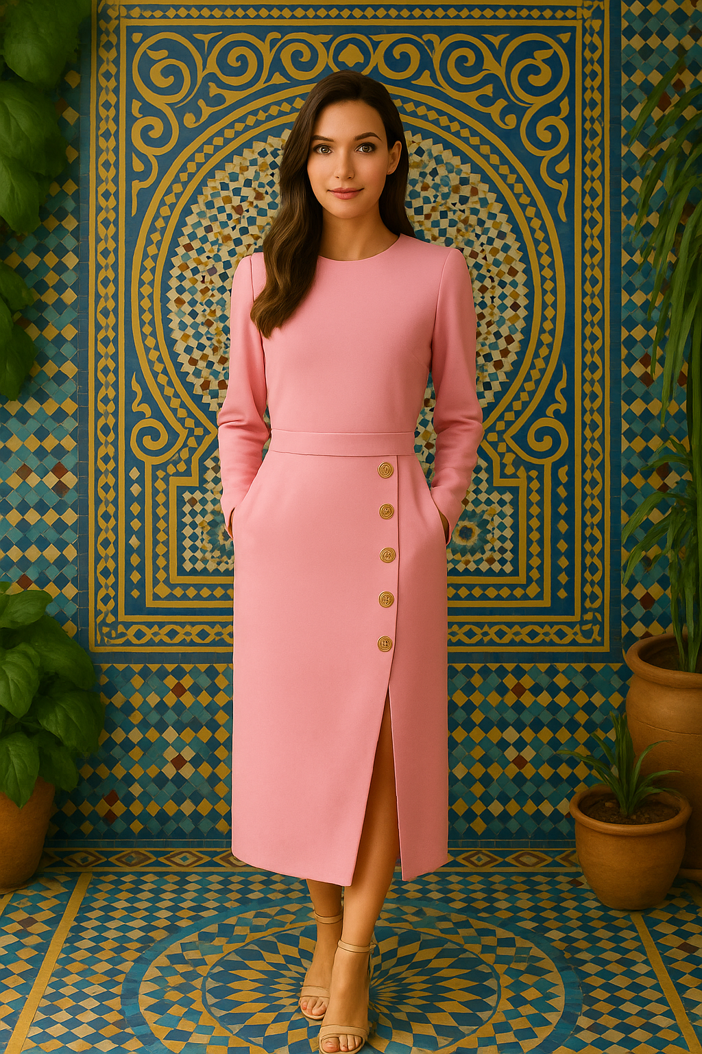 Vestido Kattie manga larga de crepe algodon,3 colores tallas (36-48)