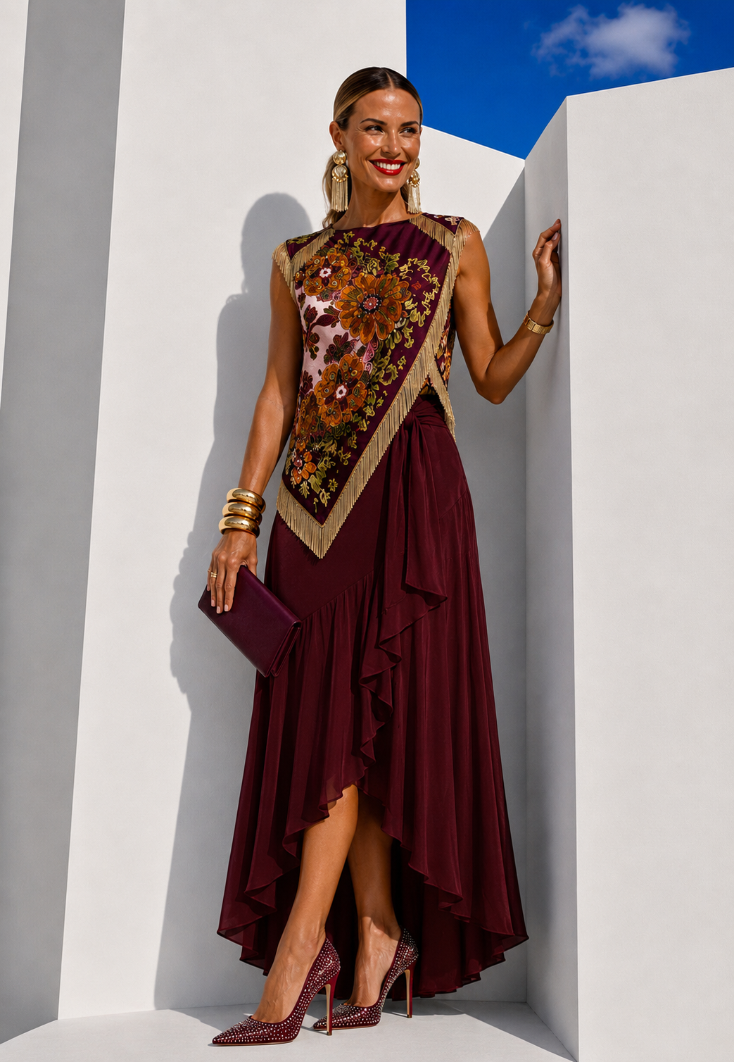 2-piece Fair Set wine printed top and wine ruffled skirt, sizes (34-48) video