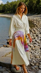 Vestido Alama beige, algodón licra con cintura trasera elastica, tallas (36-50)