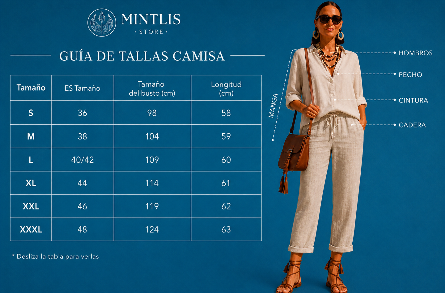 Camisa Ginebra de lino, 5 colores, tallas (34-48)