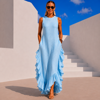 Puerto Rico Ruffled Linen Cotton Dress with Pockets, 5 colors (34-50) video