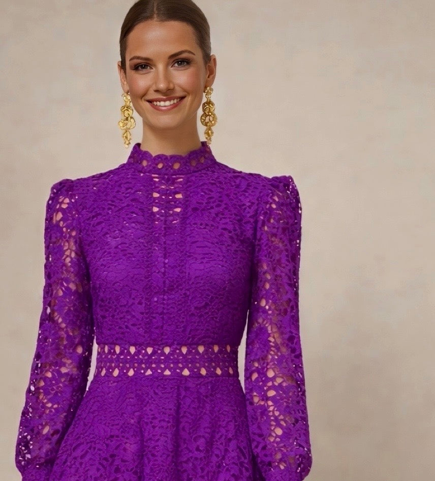 Vestido Bella largo encaje y bordado con forro, 4 colores , tallas (36-48) (video)