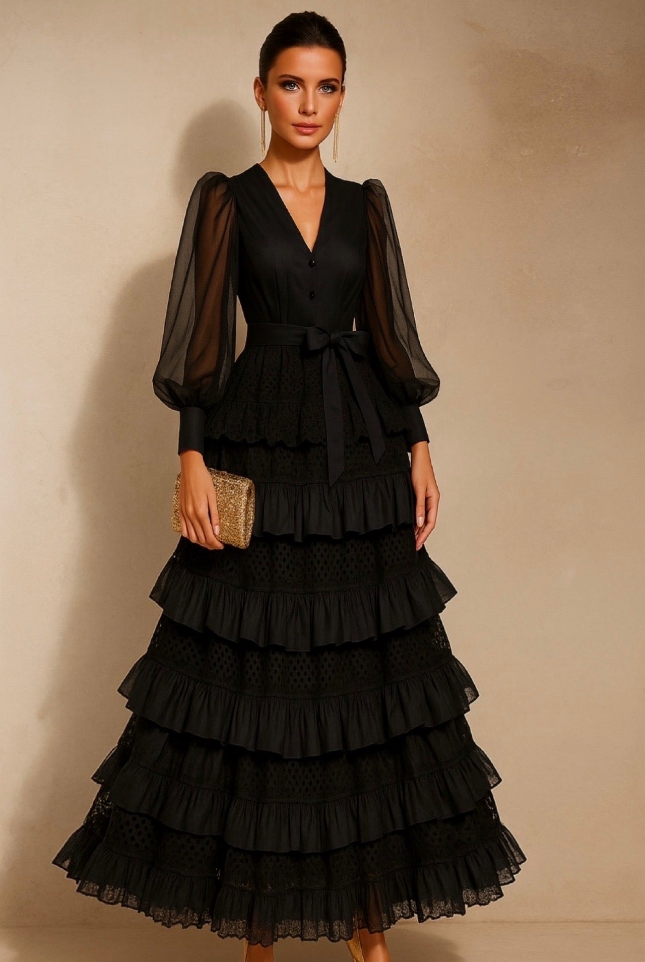 Vestido Karen de gasa de algodón con encaje y volantes, 4 colores, tallas (36-48)