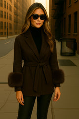 Fiorella 100% wool blazer with faux fur trim and belt, 7 colors, sizes (36-48)