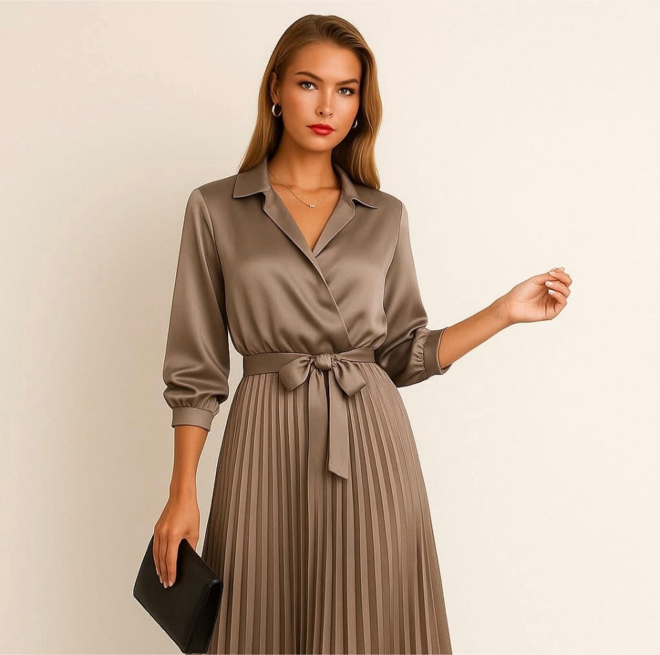 Vestido Daniela satinado plisado cruzado camisero  con cinturón incluido, tallas (36-50) made in Italy
