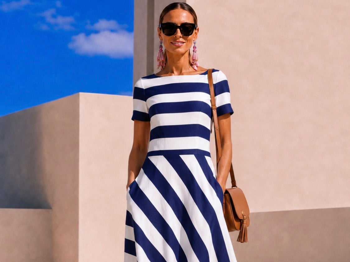 Vestido Venecia azul y negro, 2 colores, tallas (36-50) vídeo