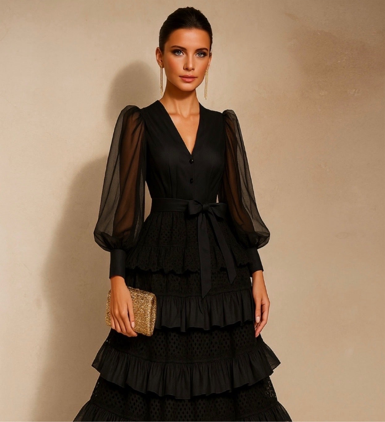 Karen cotton chiffon dress with lace and ruffles, 4 colors, sizes (36-48)