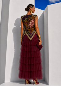 Conjunto Lisboa 2 piezas color vino top estampado y 4 colores de falda tul tupida cintura elástica, tallas (34-48) vídeo