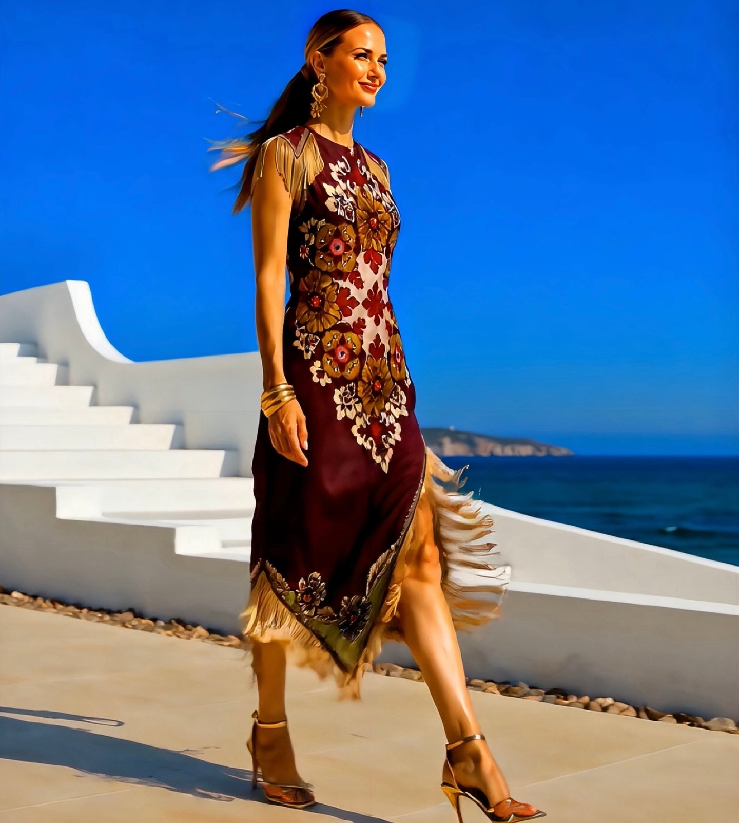 Lisboa printed midi dress with fringe, sizes (34-48) video, IMPORTANT we now have size 48