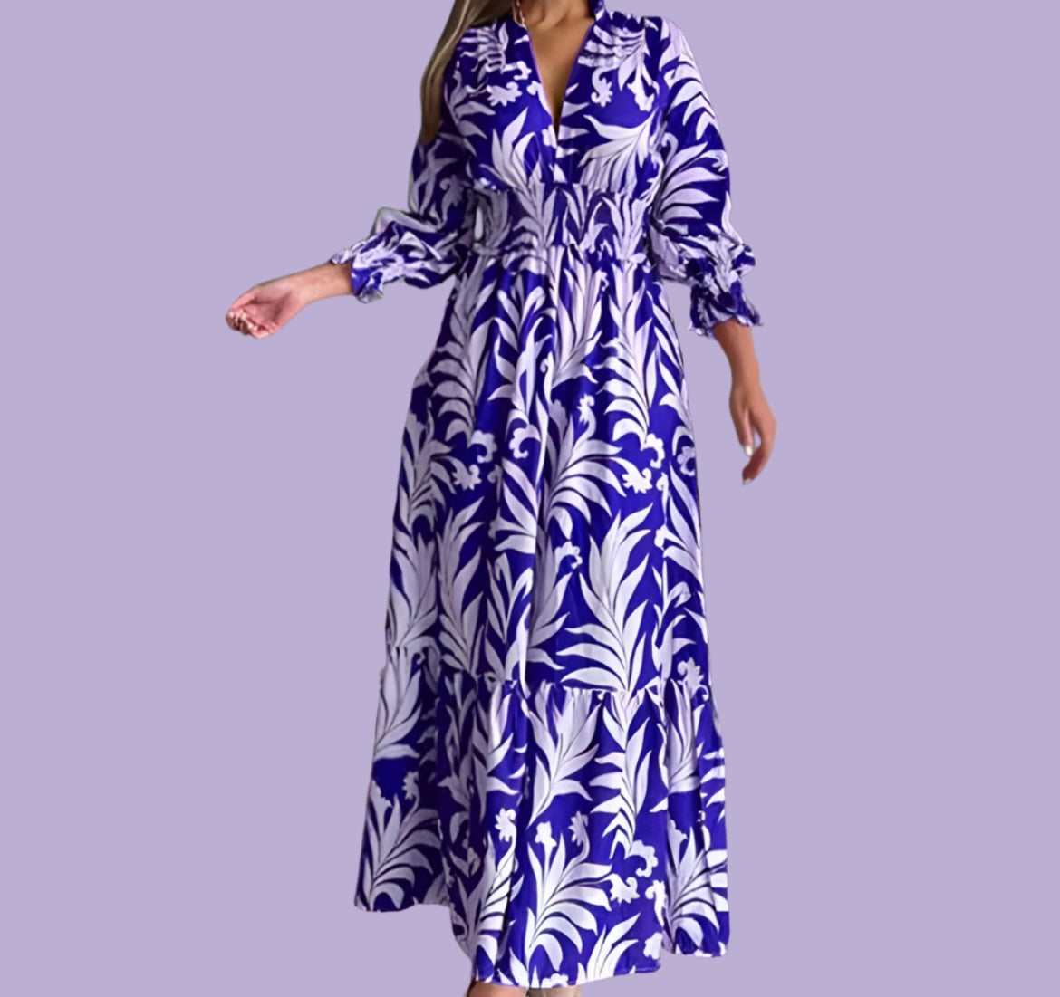 Long Caribbean dress with elasticated waist, printed, 6 colours, 6 sizes from 36-48