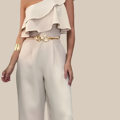 Amalfi Beige ruffled cotton lycra jumpsuit, with gold belt, 4 sizes