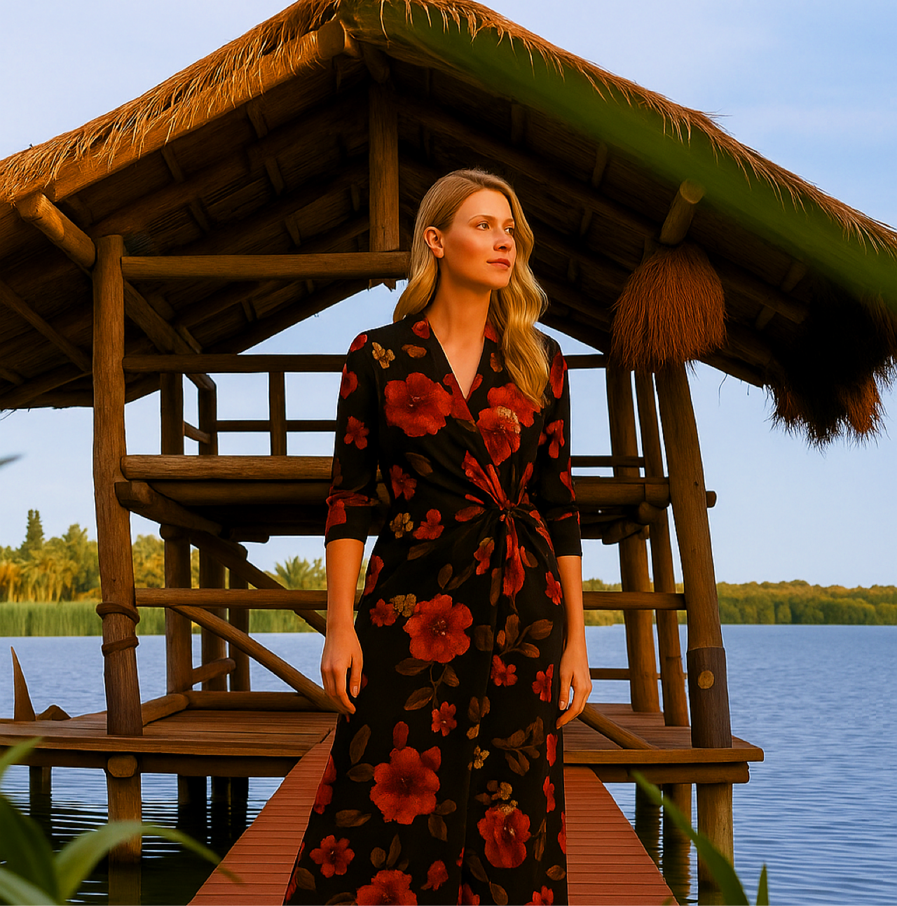 Women Floral Print Pleated Dress V-neck Long Sleeve Ruffled A-line Wrapped Dress Spring Summer Vacation Beach Dresses Streetwear