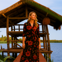 Women Floral Print Pleated Dress V-neck Long Sleeve Ruffled A-line Wrapped Dress Spring Summer Vacation Beach Dresses Streetwear