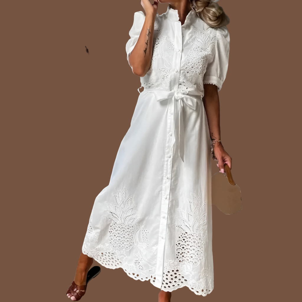 Vestido Vega blanco bordado camisero, TALLA S, 48/72 hrs envío