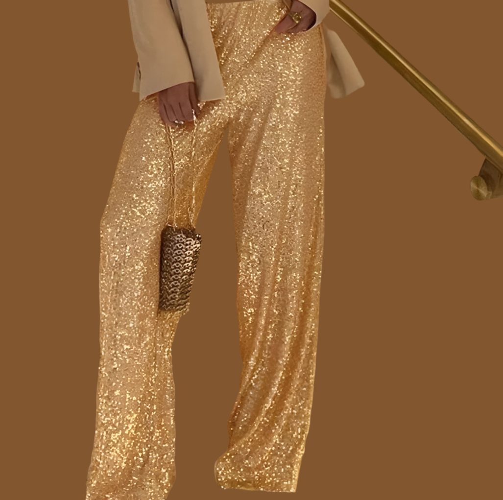 Femme Sequin Wide Leg Pants with Elastic Waist, 3 Colors, 4 Sizes