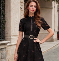 Vestido Gulia bordado y encaje con cinturón incluido, tallas (36-46)