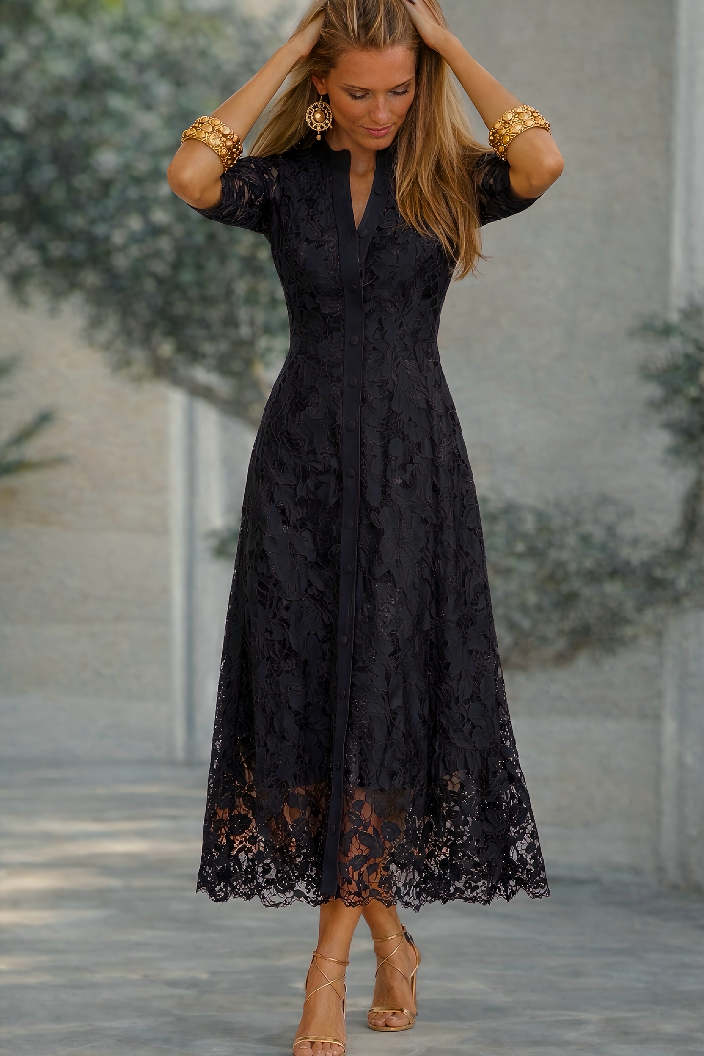 Vestido ⭐️ Bamboleo  camisero encaje licra elasticidad, 2 colores, tallas (36-50) (vídeo)