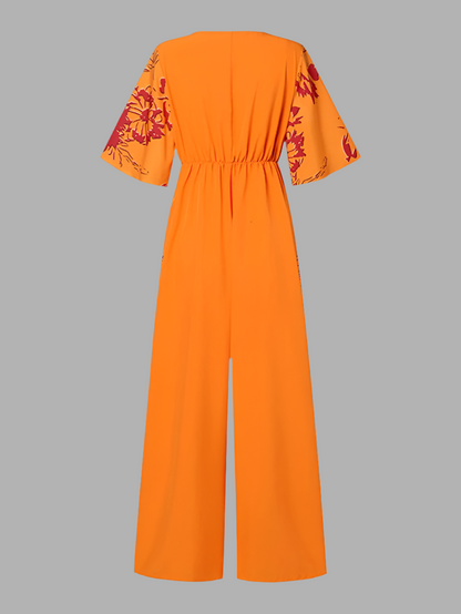 London V-neck printed chiffon jumpsuit, 2 colors, 8 LARGE SIZES from 36 to 50