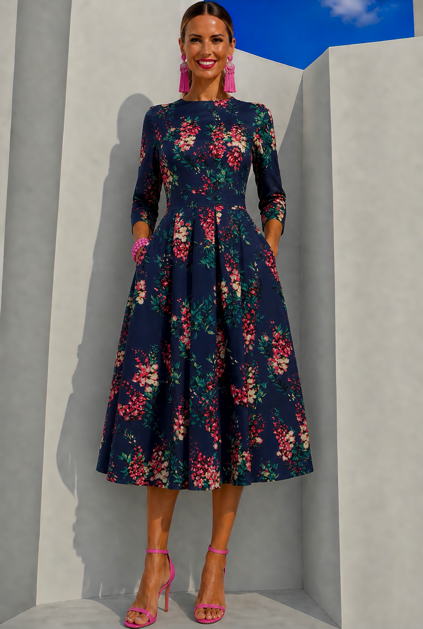 Anais navy blue cotton dress with pockets included, sizes (36-46)