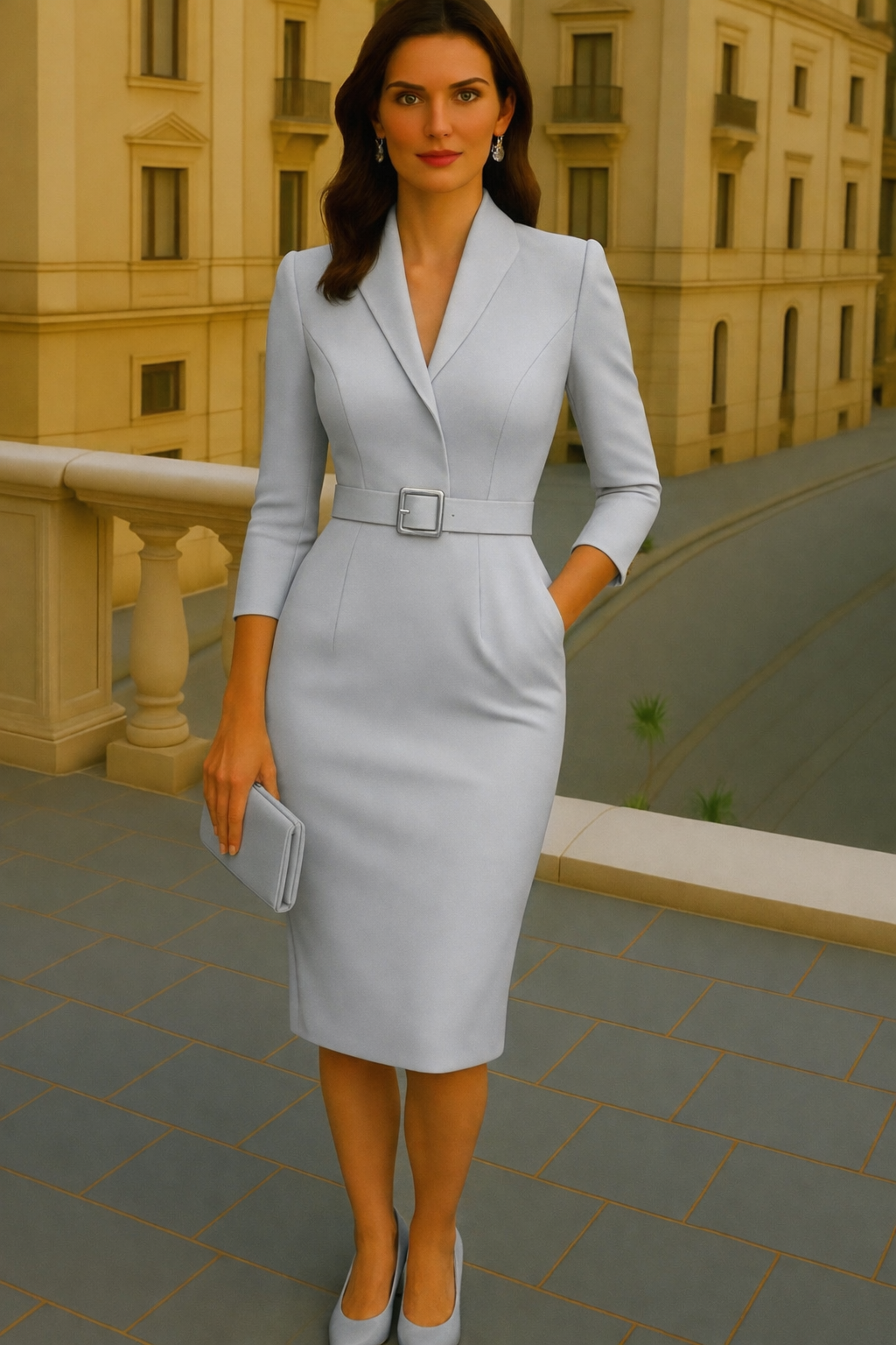 Vestido Adriana recto cuello mao con cinturón incluido y bolsillos, 6 colores , tallas (36-48)