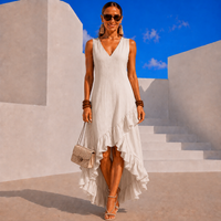 Vestido Costa cuello pico lino de algodón, 5 colores, tallas (34-50) video