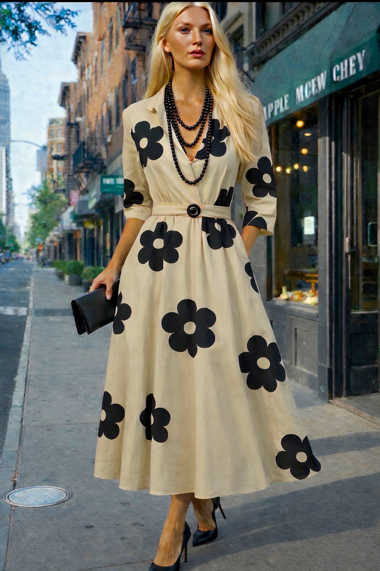 Vestido Margarita beige de algodón con cinturuea elástica, tallas (36-52)