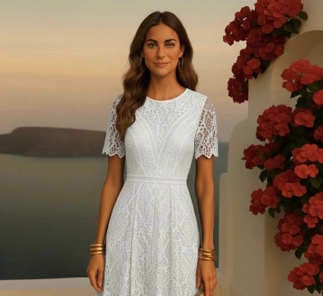 Gaby Midi dress embroidered and lace cotton, 2 colors, sizes (36-46)