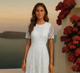 Vestido Gaby Midi bordado y encaje de algodón, 2 colores, tallas (36-46)