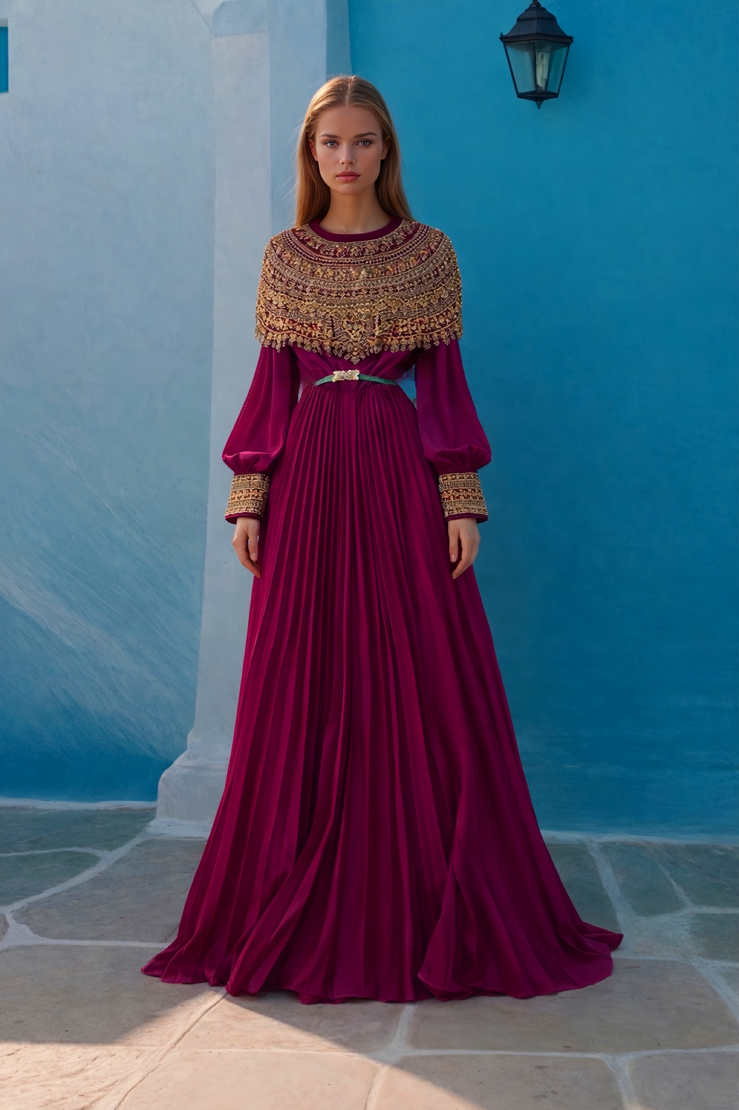 Vedtido Rania de gasa plisado satinado bordado, 6 colores, tallas (36-46)