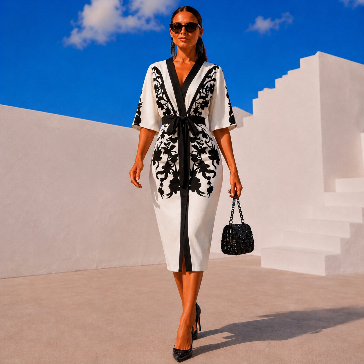 Carmina MIDI printed crepe dress with cummerbund and central buttons, sizes (36-48) video