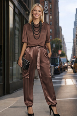 Conjunto Billion top y pantalón elástico satinado, 4 colores tallas (36-48)