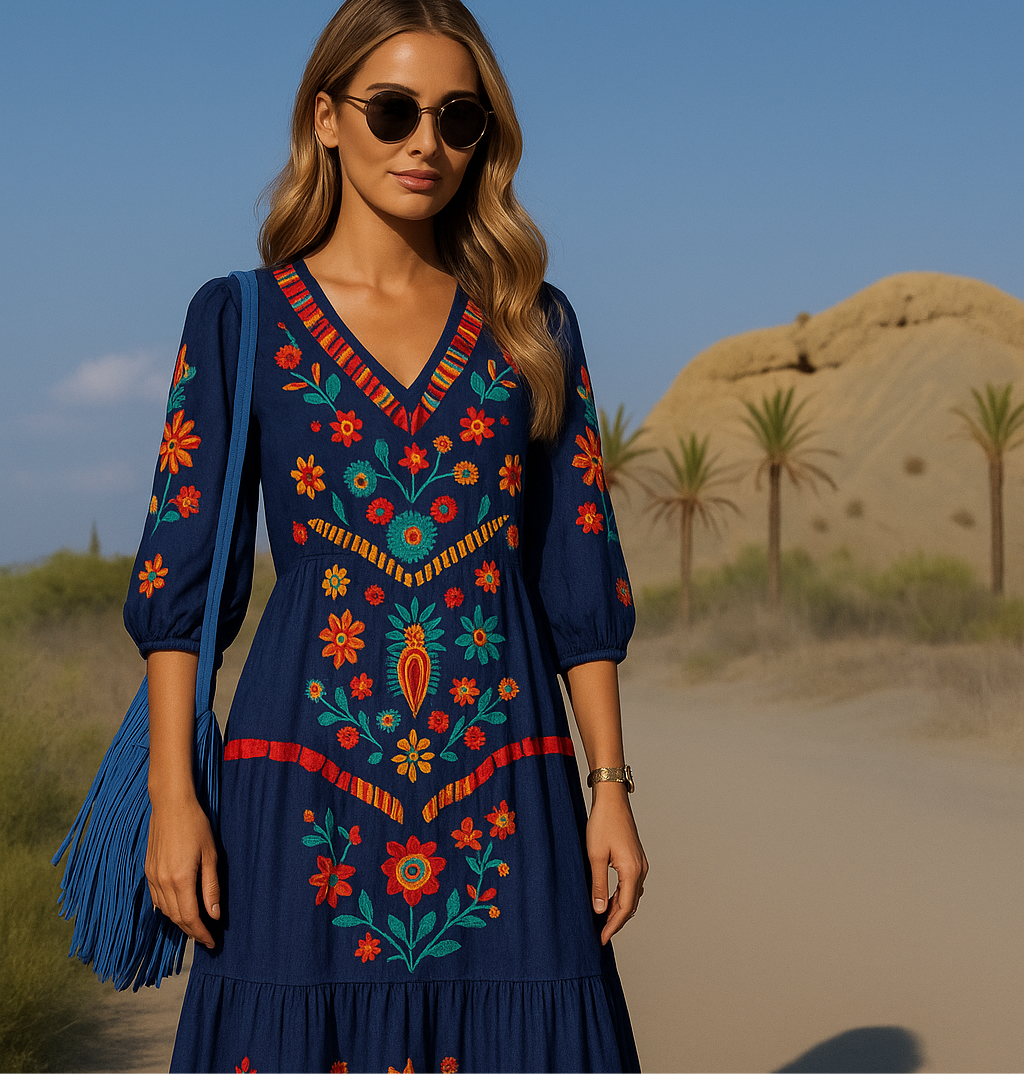 Vestido Candelaria totalmente bordado delante y detrás , 4 colores, (36-48) made un India