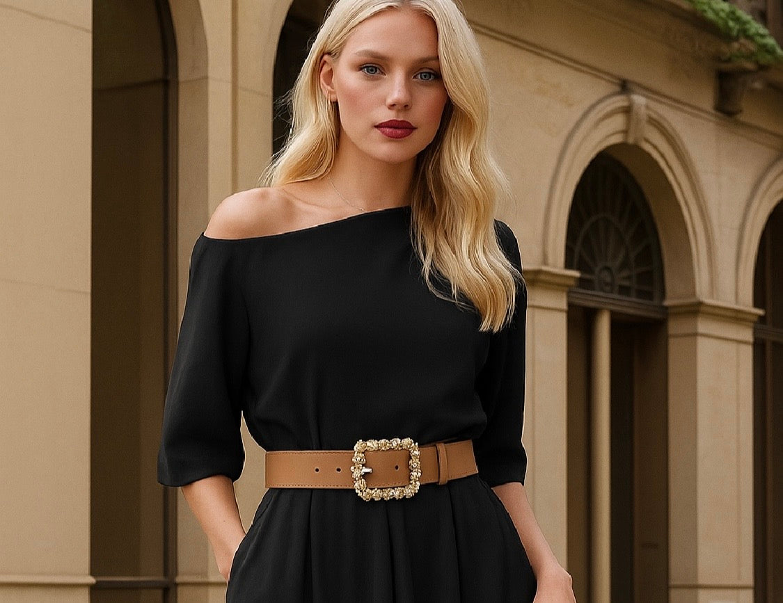 Vestido Strass con cinturón incluido, 3 colores, tallas (36-50)