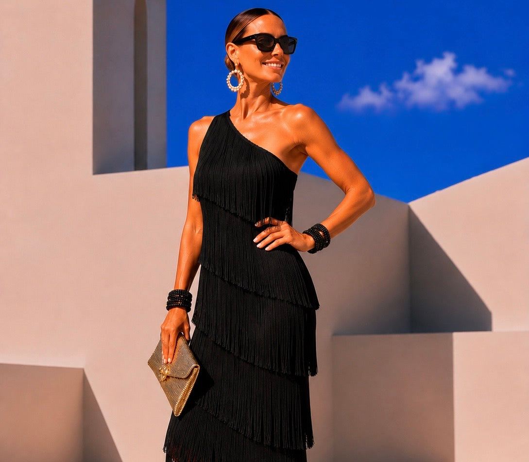 Vestido MYKONOS asimetríco flecos, 3 colores, tallas (36-46) vídeo